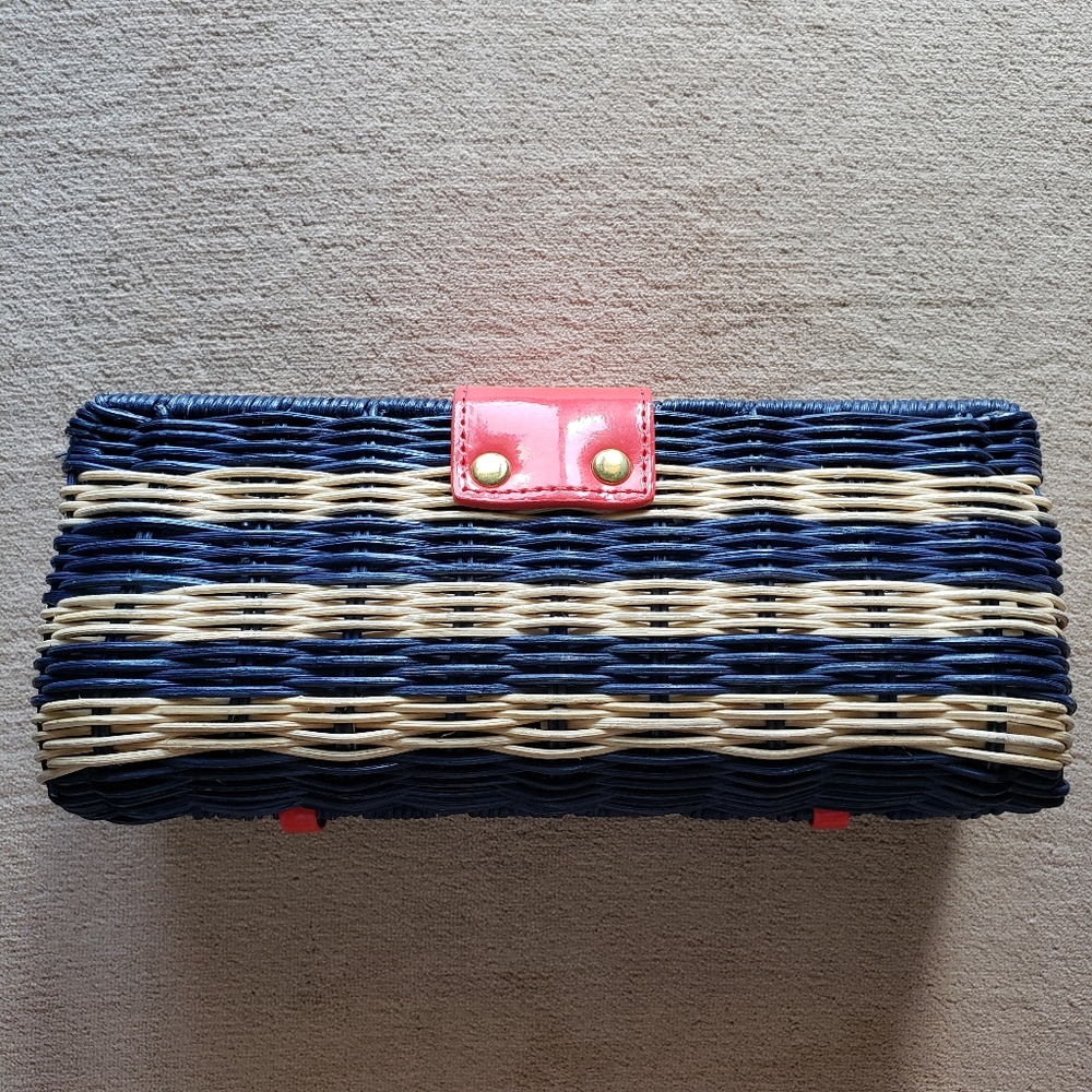 NWOT J.Crew Navy & Beige Striped Rattan Clutch - Picture 3 of 9